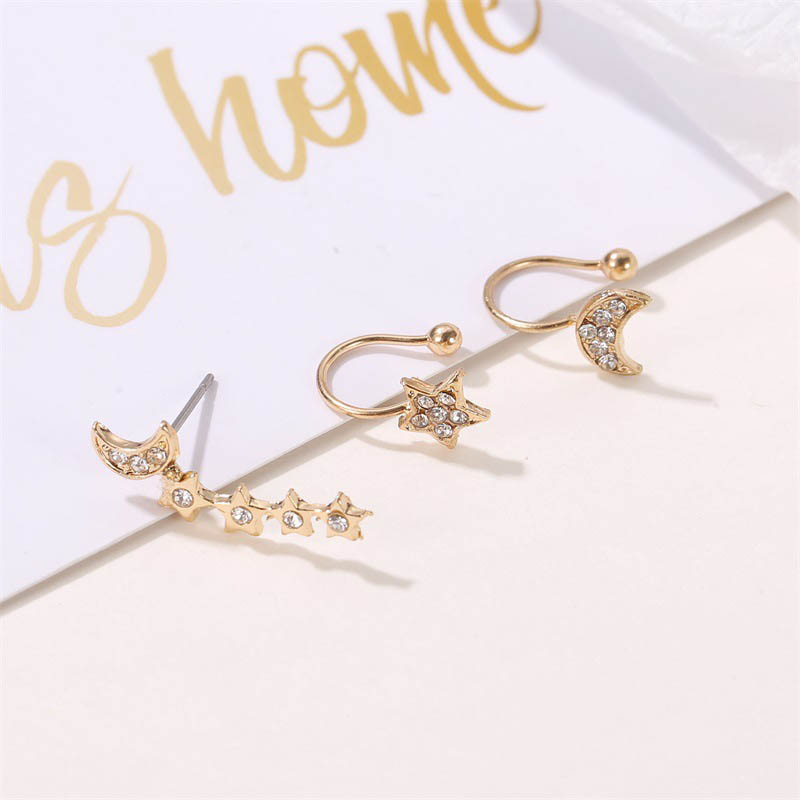 Set Of Earrings Without Ear Holes Full Of Diamonds Stars Moon 3 Pieces Set Of Ear Clips Distributor
