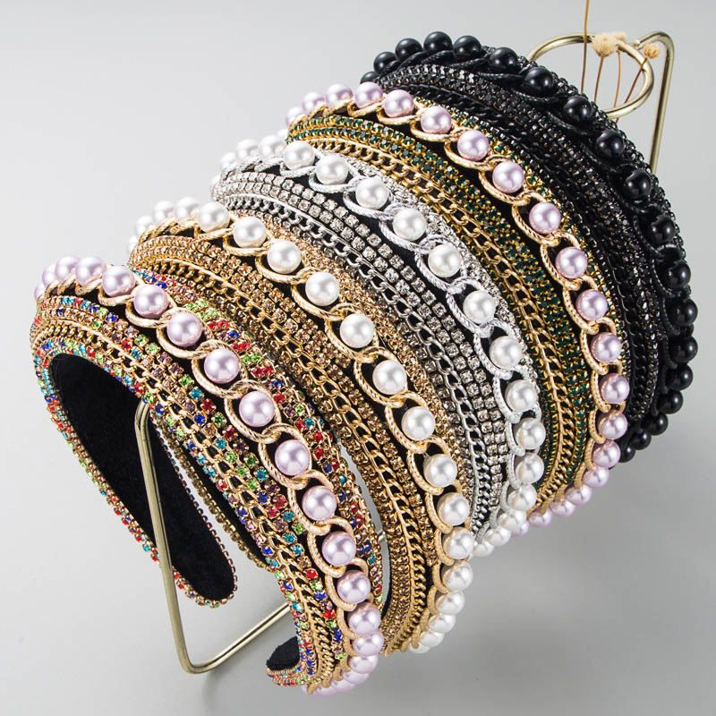 Luxury Full Of Diamonds Pearl Hair Accessories Sponge Wide Side Headband Manufacturer