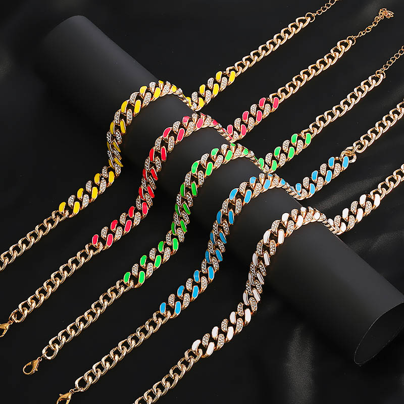 Hip-hop Two-color Rhinestone Thick Chain Necklace Fashion Tide Drip Oil Cuba Chain Distributor