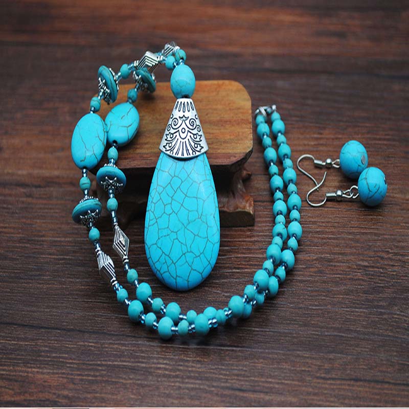 Wholesale Vintage Style Turquoise Necklace Jewelry Set Earrings Rings