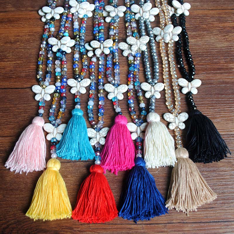 Wholesale Tassel Colorful Crystal Necklace White Turquoise Bow Sweater Chain