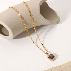 Stainless Steel Chain White Purple Square Zircon Pendant Necklace Supplier