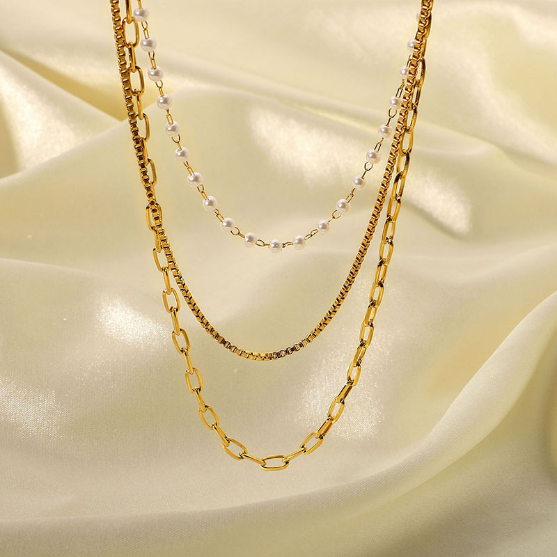 Necklace Gold Stainless Steel Small Pearl Chain Three-tier Women Supplier