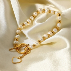 Gold Stainless Steel Freshwater Pearl Love Pendant OT Buckle Bracelet Women Supplier