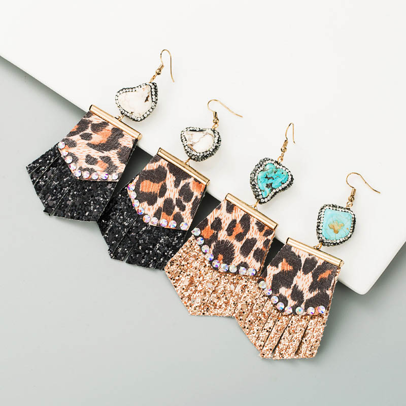 Exaggerated Leopard Print Long Leather Small Fresh Full Diamond Earrings Manufacturer