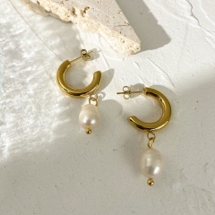 Stainless Steel Earrings Jewelry C Shape Pearl Pendant Gold Distributor