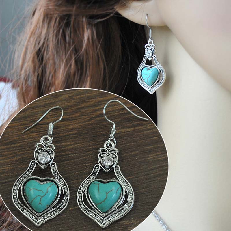 Wholesale Vintage Turquoise Simple Hollow Heart Shaped With Diamonds Earrings