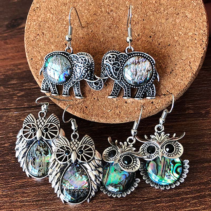 Wholesale Vintage Owl Animal Colored Shell Earrings Geometric