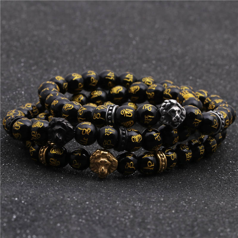 Wholesale Jewelry Stainless Steel Lion Head Bracelet Agate Stone Beaded Men Vendors