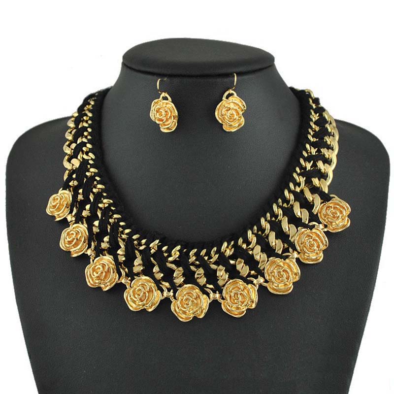 Wholesale Fashion Rose Woven Rope Collarbone Chain Necklace Earrings Set