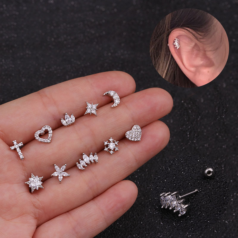Wholesale Popular Zircon Cross Ear Bone Nail Piercing Screw Earring Crown Vendors