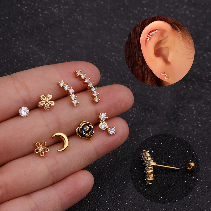 Wholesale Style Stainless Steel Zircon Small Earrings Threaded Flowers On Vendors