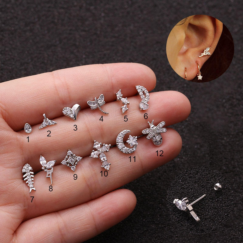 Wholesale Creative Insect Ear Studs Stainless Steel Zircon Thin Rod Screw Earrings Vendors