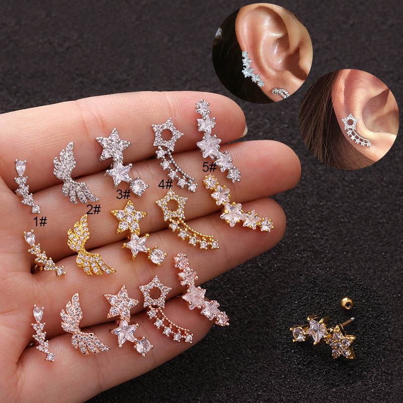 Wholesale Korean Style Screw Thin Rod Earrings Creative Five-pointed Star Zircon Earrings Stainless Steel Vendors