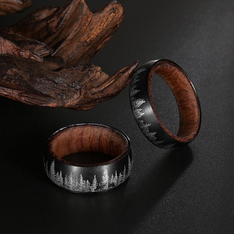 Wholesale Forest Titanium Steel Ring Laser Forest Wolf High Density Pear Wood Solid Inner Ring