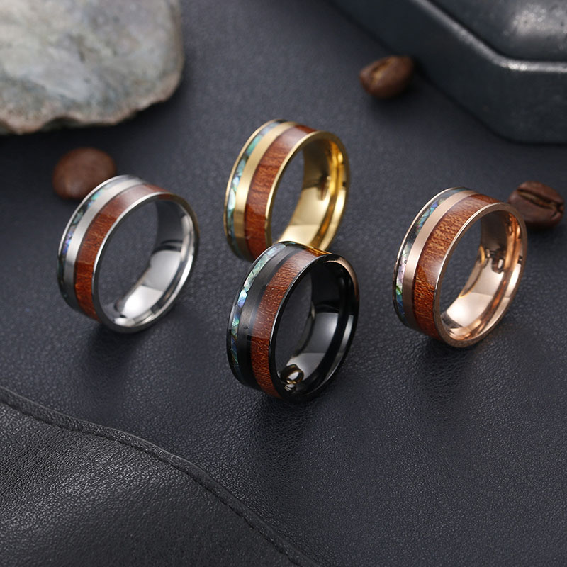 Wholesale 8mm Wide Acacia Wood Plus Abalone Shell Men's Titanium Steel Ring
