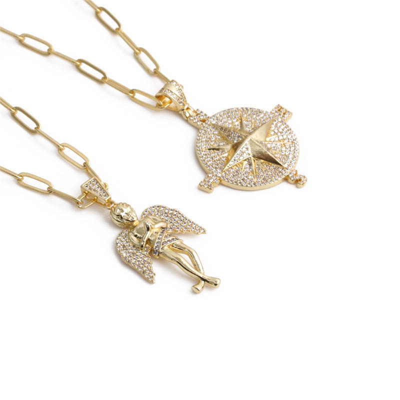 Hip Hop Cute Little Angel Men's Copper Zircon Compass Compass Pendant Necklace Supplier