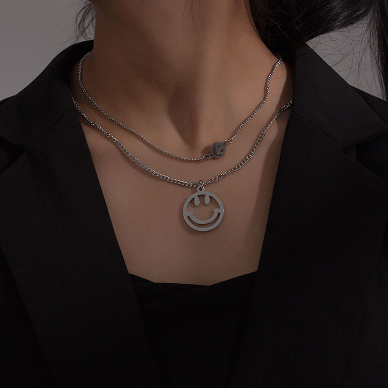Hip-hop Smiley Face Necklace Light Luxury Double Layer Accessories Distributor
