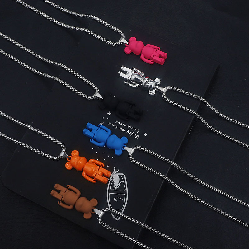 Colorful Bear Pendant Necklace Hip-hop Long Titanium Steel Bear Sweater Chain Distributor
