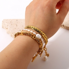 Natural Freshwater Pearl 18k Gold Ot Buckle Stainless Steel Chain Bracelet Distributor