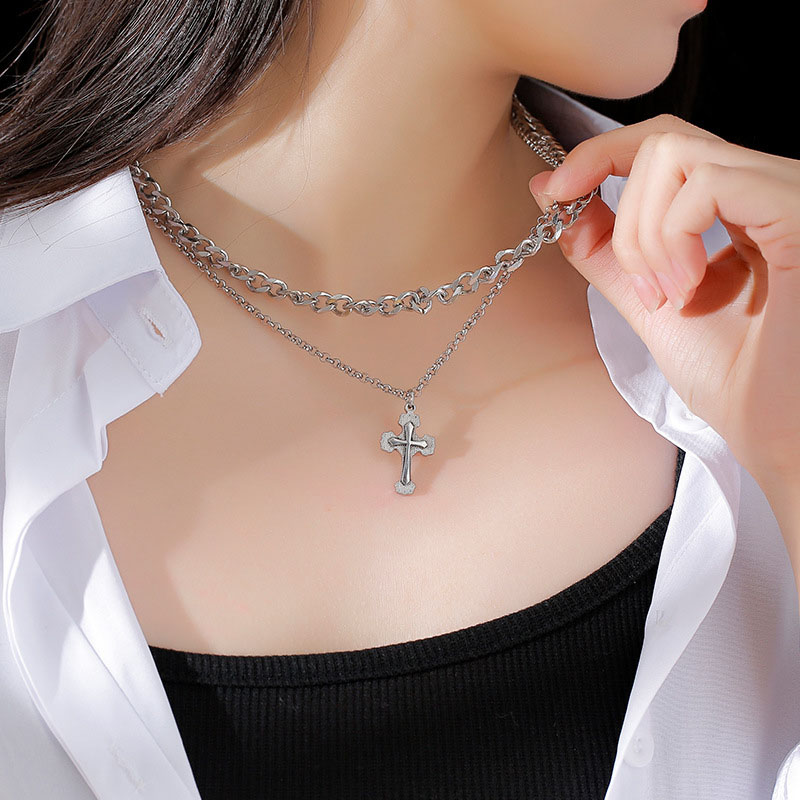 Retro Double Cross Pendant Titanium Steel Necklace Jewelry Distributor