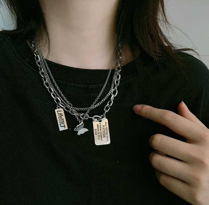 Wholesale Square Engraved Letters Pendant Hip Hop Titanium Steel Multi-layer Necklace