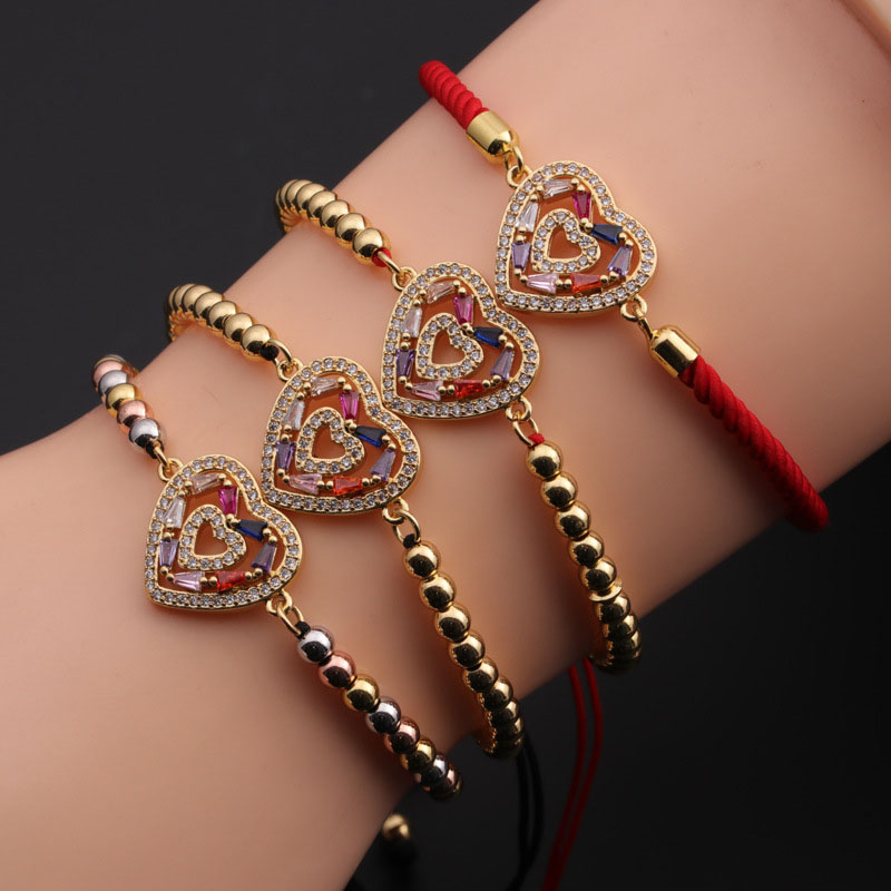 Valentine's Day Gift Jewelry Bracelet Copper Zircon Red String Peach Heart Bracelet Manufacturer