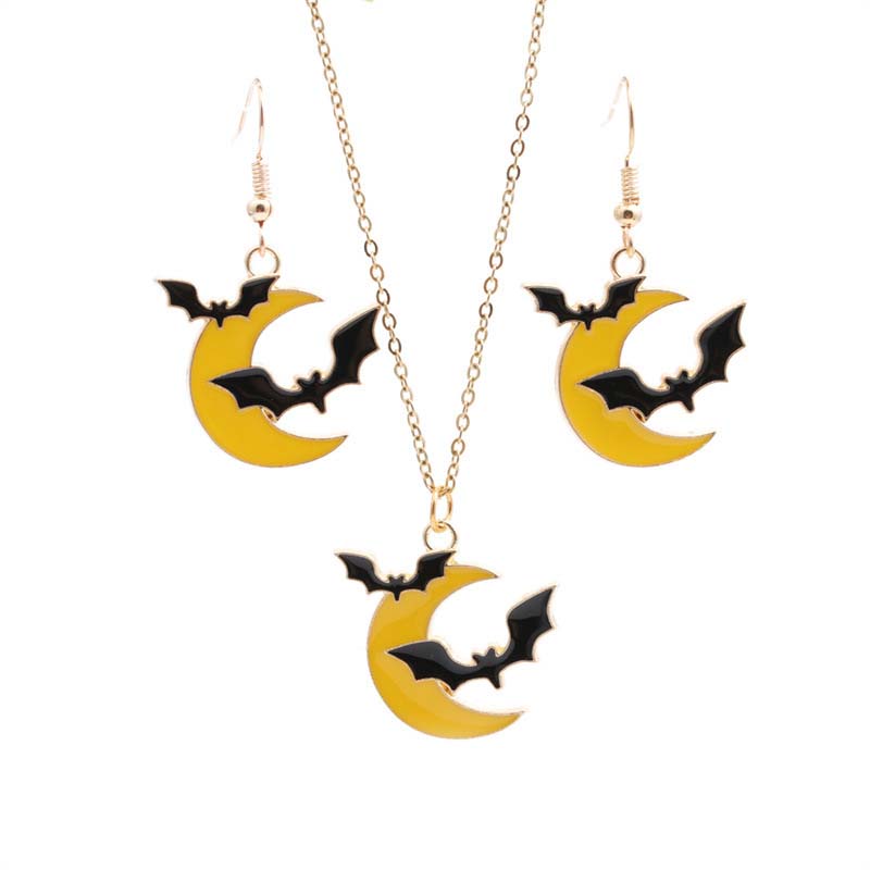 Earrings Necklace Set Personalized Alloy Electroplating Dripping Oil Moon Bat Supplier