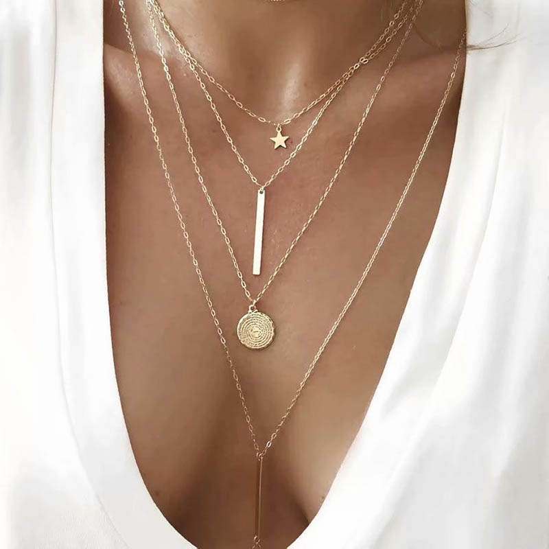 Wholesale Creative Retro Simple Star Disc Multilayer Necklace