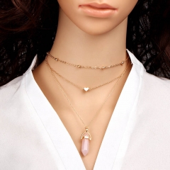Wholesale Fashion Diamond-shaped Gemstone Love Heart Copper Bead Chain Multi-layer Necklace