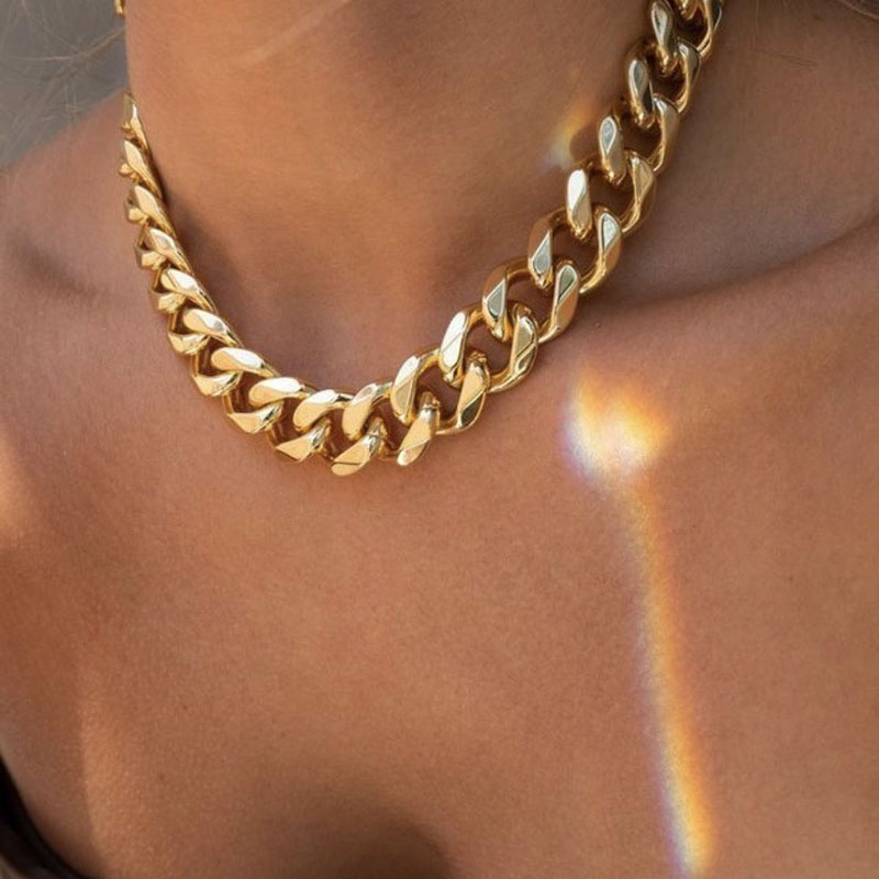 Wide Punk Jewelry Gold-plated Stainless Steel Cuban Chain Necklace Ladies Distributor