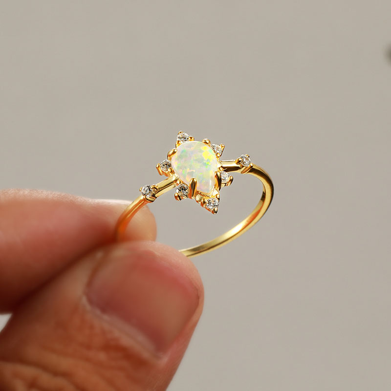 Wholesale Light Luxury S925 Yellow Gold Teardrop White Opal White Diamond Ring