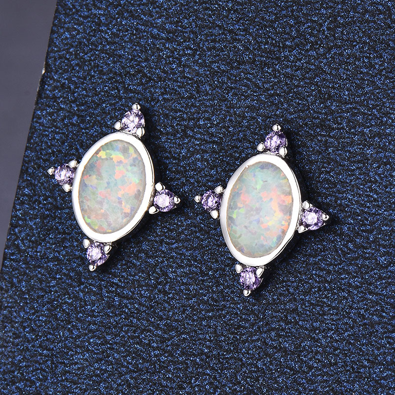 Wholesale Selling S925 Rose Gold Oval Opal Stud Earrings With Diamonds