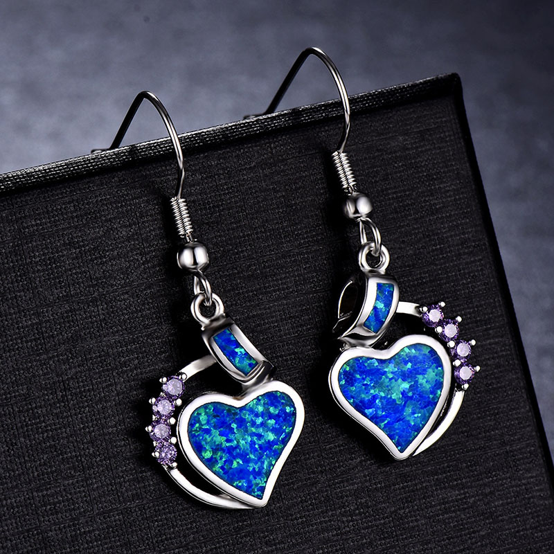 Wholesale Selling S925 Blue White Heart-shaped Opal Purple Diamond Earrings