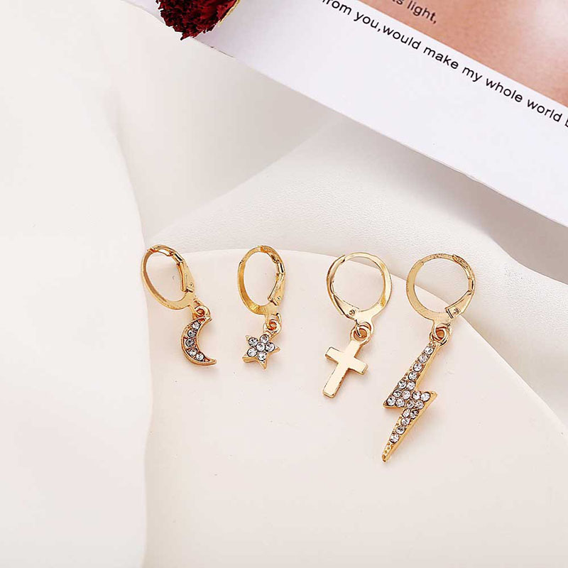 Lightning Cross Star And Moon Ear Clips Set Of Gold With Diamonds Earrings Distributor