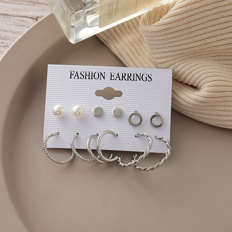 Simple Alloy Silver 6 Pairs of Pearl Stud Earrings Set Distributor
