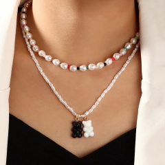 Bear Pendant Pearl Bead Necklace Personality Black And White Manufacturer