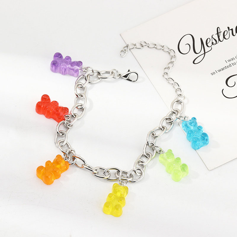 Sweet Candy Color Bear Pendant Bracelet Silver Thick Chain Manufacturer