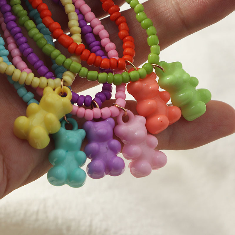 Hip Hop Teddy Bear Necklace Candy Color Handmade Rice Beads Manufacturer