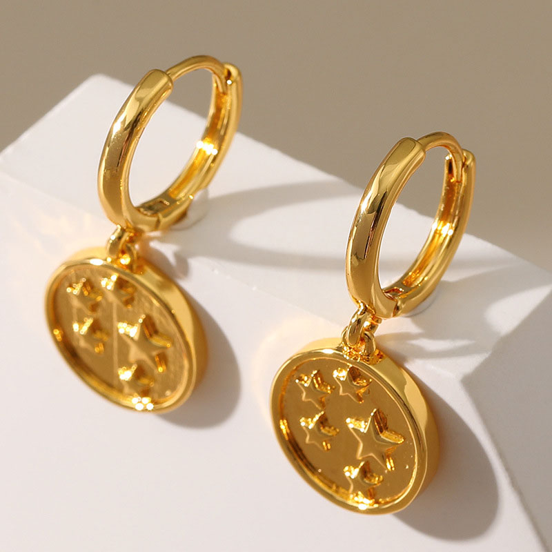 French Earrings Gold Round Pentagram Engraving Distributor