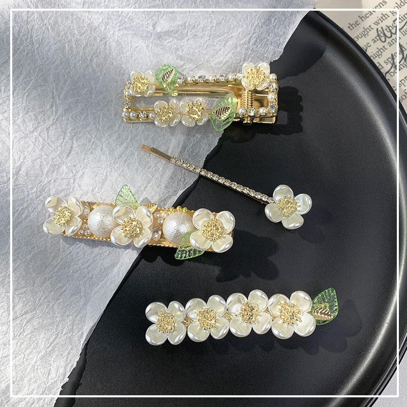 Wholesale Korean Sweet Shells Flowers Green Leaves With Diamonds Hair Clips