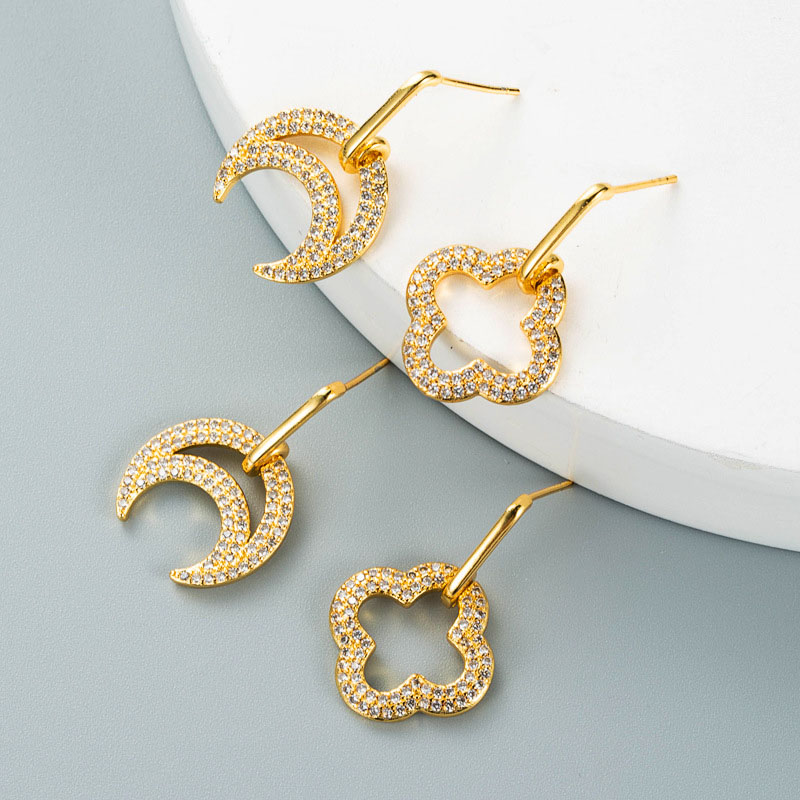 Fashion Copper Gold-plated Zircon Flower Moon Shape Earrings Supplier