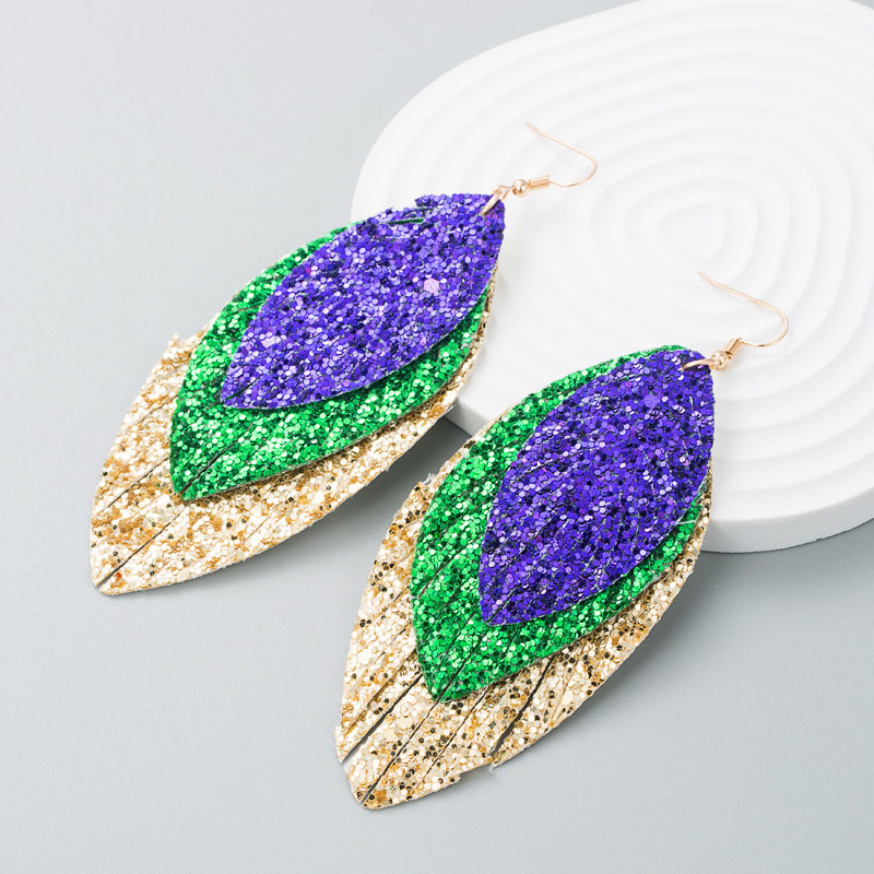 Wholesale Fashion  Exaggerated Three-layer PU Leather Shiny Leaf Modeling Earrings Vendors
