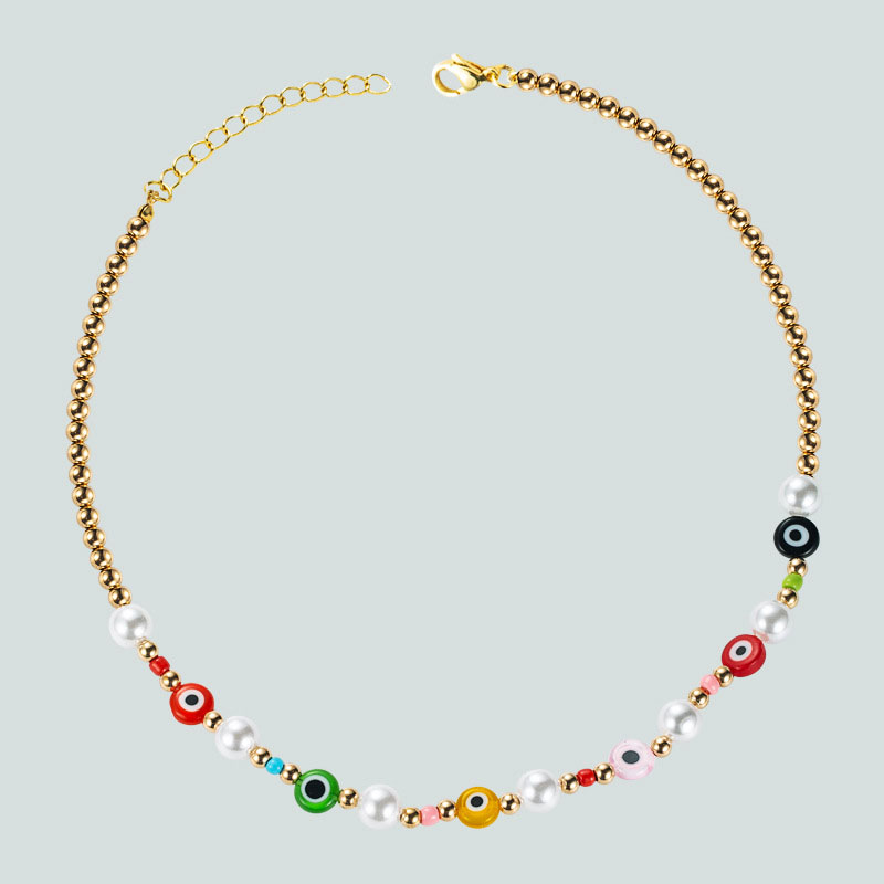 Vintage Devil's Eye Ethnic Colorful Rice Beads Imitation Pearl Necklace Personality Supplier