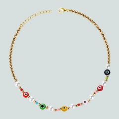 Vintage Devil's Eye Ethnic Colorful Rice Beads Imitation Pearl Necklace Personality Supplier