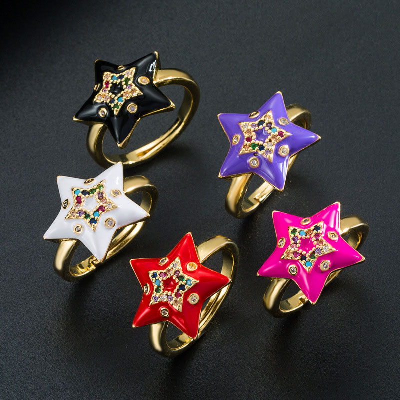 Wholesale Selling Brass Zirconia Colorful Oil Drip Pentagram Ring Vendors