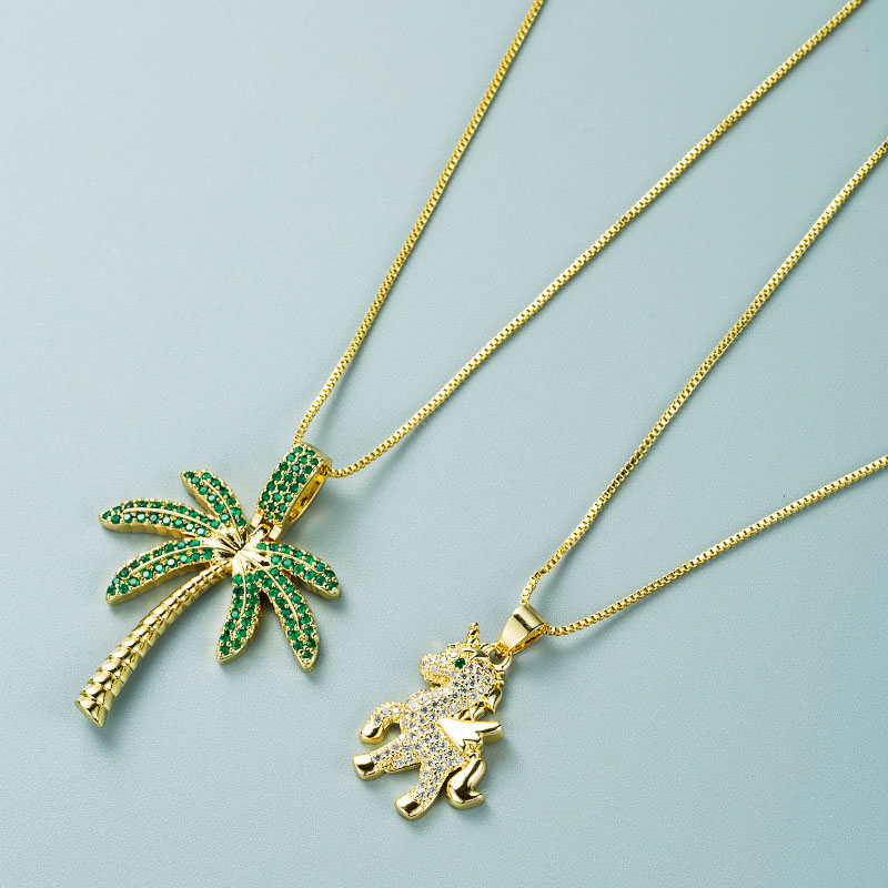 Trendy Copper Gold-plated Zirconia Unicorn Coconut Tree Pendant Supplier