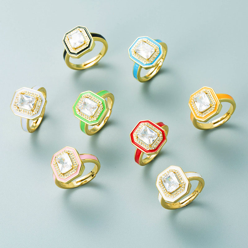 Fashion Colorful Oil Dripping Copper Degree Gold With Zirconia Geometric Square Ring Supplier