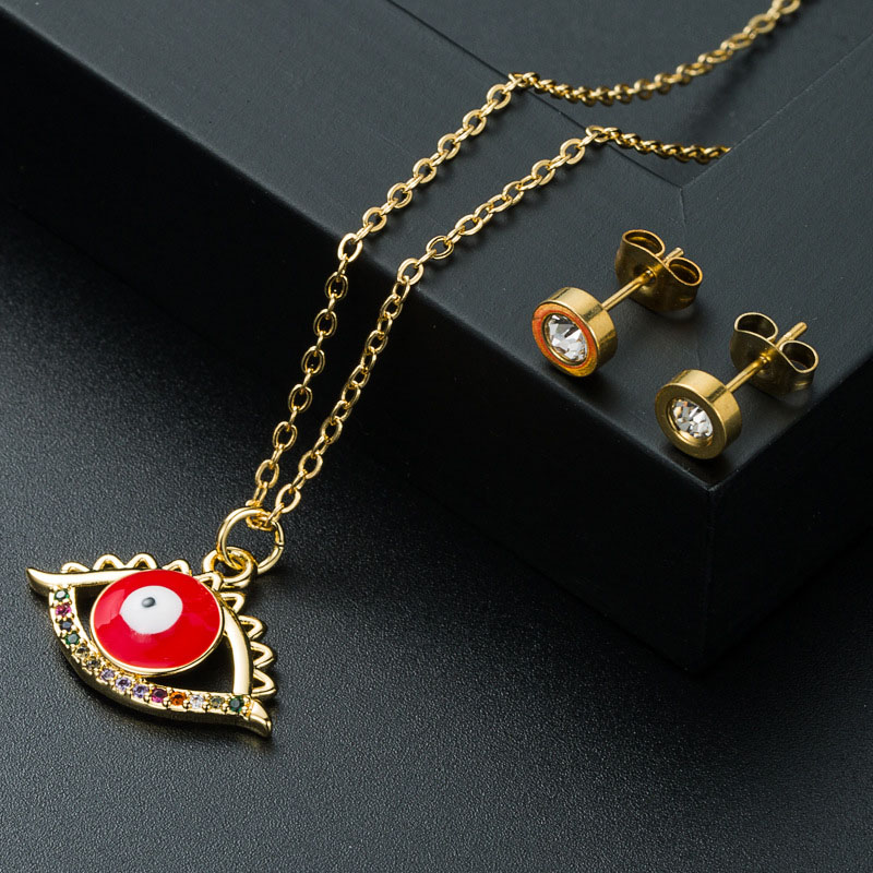 Trendy  Copper Zirconia Demon Eye Pendant Necklace Earrings Set Supplier