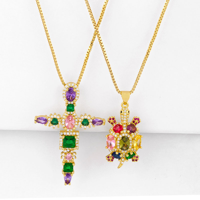 Wholesale Small Turtle Necklace Colorful Zirconia Cross Necklace